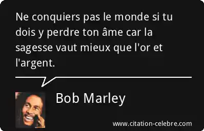 Bob Marley : « Ne conquiers pas le monde si tu dois y perdre ton âme car la sagesse vaut mieux que l'or et l'argent.  »